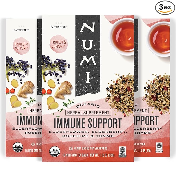 Numi Organic Immune Support Tea, 16 Tea Bags (Pack of 3), Elderflower, Elderberry, Rosehips and Thyme, Caffeine Free