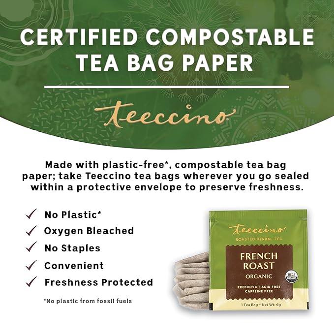 Teeccino French Roast Herbal Tea - Rich & Roasted Herbal Tea That’s Caffeine Free & Prebiotic for Natural Energy, Coffee Alternative, 10 Tea Bags