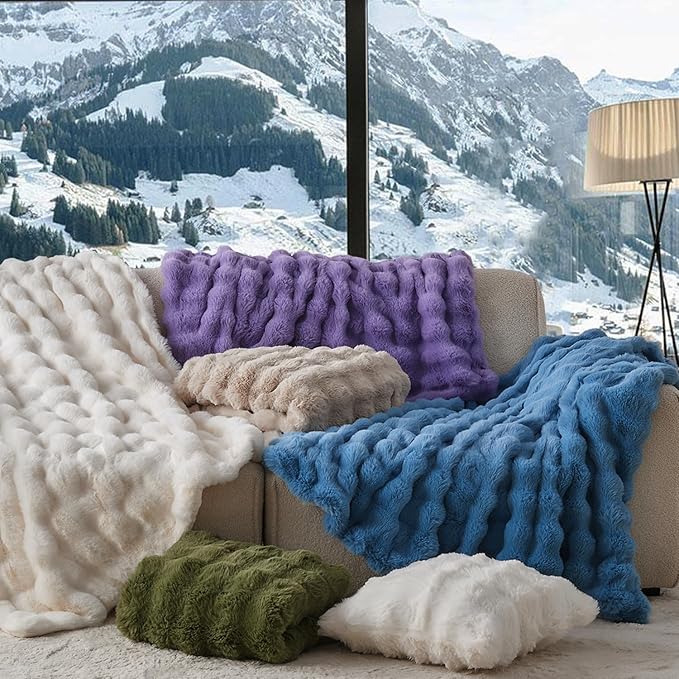 Lotus Karen Faux Fur Throw Blanket Sky Blue - Big Bubble Rabbit Fluff Blanket for Couch Bed Sofa,Softest Fluffy Fuzzy Cozy Blanket,Thick Furry Plush Shaggy Warm Blankets for Women,90x90 Inches