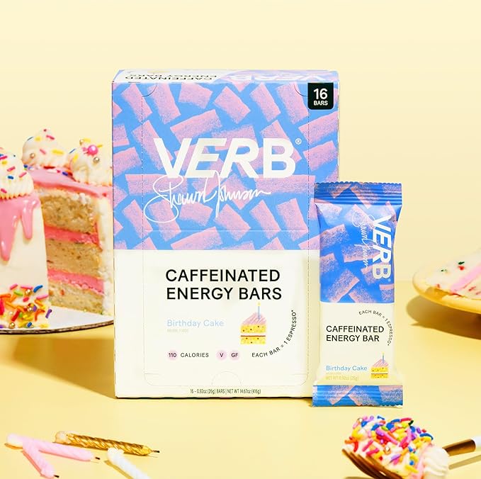 Verb Caffeinated Energy Bars Birthday Cake (26g, Pack of 16) 110-Calorie Delicious Low Sugar Energy Bar - Vegan Gluten Free On-the Go Snack with 80mg Green Tea Caffeine, Only Real-Food Ingredients