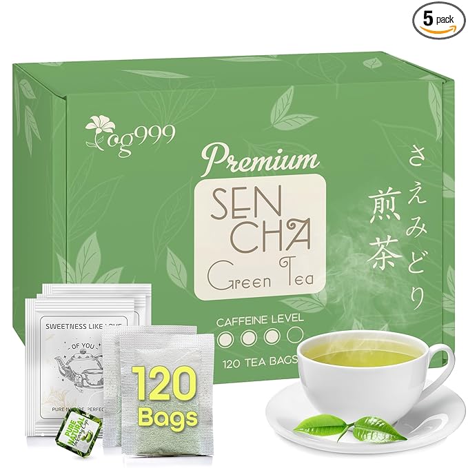 TOG999, Premium 120 Sencha Green Tea Bags, 100% Natural & Pure from Sencha Green Tea Leaves. Loose Leaf Sencha Herbal Tea. No Sugar, No Gluten, Vegan.