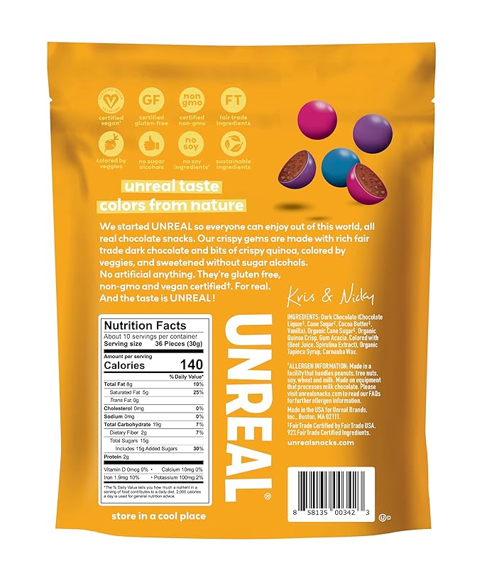 UNREAL Dark Chocolate Quinoa Gems (Value Size Bag) | Vegan, Colors from Nature | Fair Trade, Non-GMO | Gluten Free, No Sugar Alcohols or Soy | 11oz