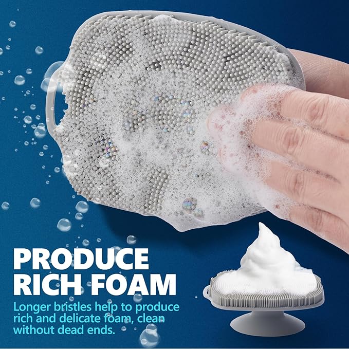 Soft Silicone Body Scrubber, Gentle Like a Hand Exfoliating Your Skin and Build Up Lather Easily, Back Large Suction Cup Easy to Store, Long-Lasting & Deep Clean (Gray)