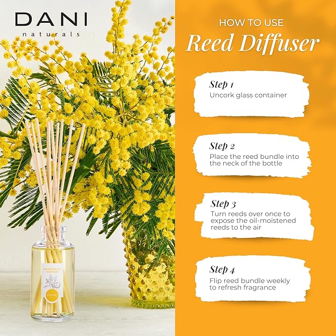 DANI Naturals Reed Diffuser Set - Fresh Grapefruit Ginger Scent - Aromatherapy Essential Oils - Alcohol-Free, Non-Toxic, Eco-Friendly - 10 Sticks - 3.5 oz