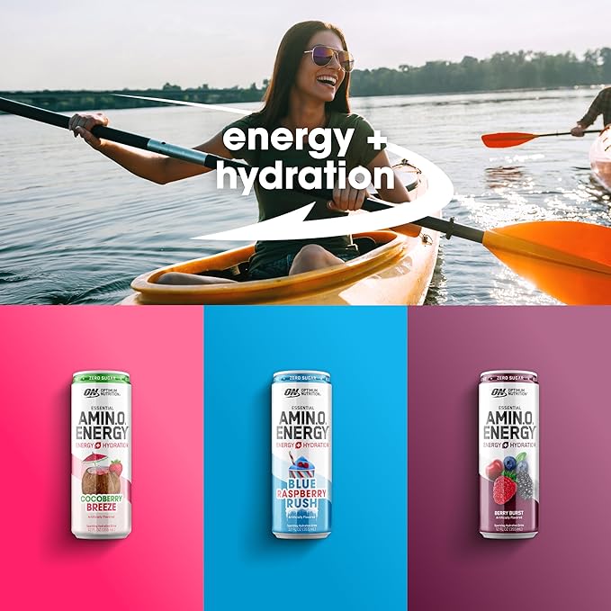 Optimum Nutrition Amino Energy Sparkling Hydration Drink, Electrolytes, Caffeine, Amino Acids, BCAAs, Sugar Free, 12 Fl Oz, Berry Variety Pack of 12 (Packaging May Vary)