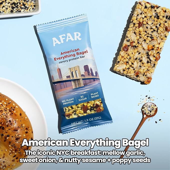 Afar Savory Protein Bars – Low Sugar, High Protein – Healthy Snacks for Adults – Meal Replacement Bar – Rice Crispy Texture – Vegan, Gluten Free (8 Bars, American Everything Bagel)