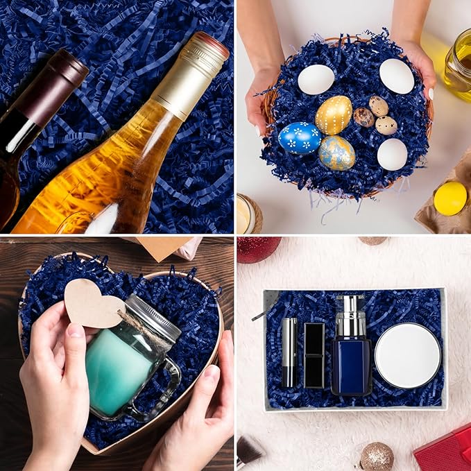 Darfukei Shredded Paper For Gift Baskets, Crinkle Paper 1/2LB (8 oz), Dark Blue Crinkle Paper Filler, Crinkle Cut Paper Shred For Birthdays, Weddings, Boxes Bags, Basket Filler, Anniversaries, Gift Wrapping