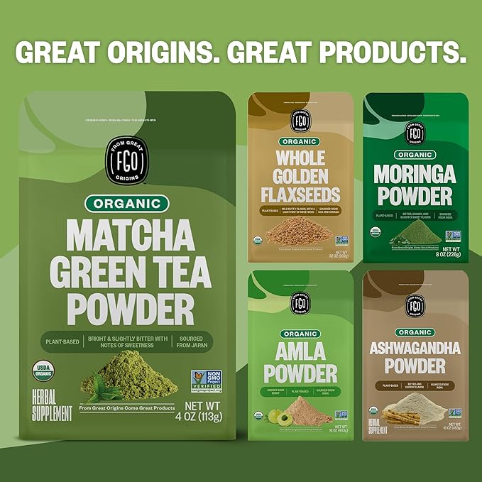 FGO Organic Matcha Green Tea Powder, Japanese Culinary Grade for Cooking, Baking, and Smoothies, 4 Ounce Resealable Bag, Packaging May Vary (Pack of 1)