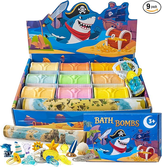 Bath Bombs for Kids with Surprise Inside, 9 Pack Kids Bath Bombs with Treasure Chest Toys Gift Set, Fizzy Bath Salt Balls, Perfect Birthday, Halloween, Or Holiday Gift for Boys and Girls