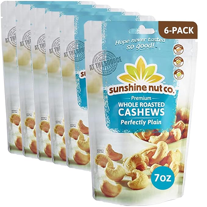 Sunshine Nut Company Whole Roasted Cashews, Perfectly Plain Flavor, No Added Salt, 6 Pack, 7 oz. Each, Gluten Free, Peanut Free and Vegan Individual Snack Packs for Kids and Adults, GMO Free