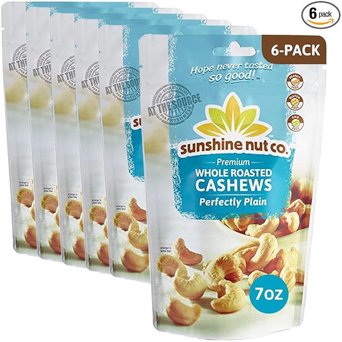 Sunshine Nut Company Whole Roasted Cashews, Perfectly Plain Flavor, No Added Salt, 6 Pack, 7 oz. Each, Gluten Free, Peanut Free and Vegan Individual Snack Packs for Kids and Adults, GMO Free