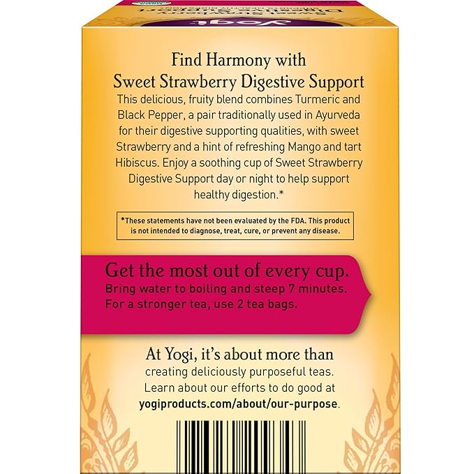 Yogi Tea Sweet Strawberry Digestive Support - 16 Tea Bags per Pack (6 Pack) - Organic Turmeric Tea Bags - Digestive Support Tea - Includes Turmeric Root, Black Pepper, Strawberry, Mango & More