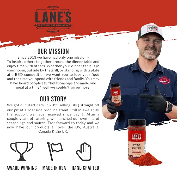 Lane's Sweet Paprika Powder, 9 oz - Premium Sweet Paprika Seasoning, Gluten-Free, All-Natural, No Preservatives, No MSG, Versatile Spice for Meats, Vegetables, and Flavorful Dishes, Made in the USA