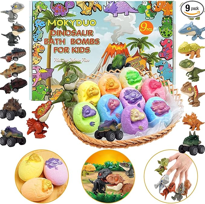 Dinosaur Bath Bomb Set for Kids โ 9 Handmade Fizzing Bombs with Surprise Toys + 3 Bonus Toys, Gift Set for Birthday Party, Christmas, Children's Day, Unique Gift Ideas for Boys & Girls