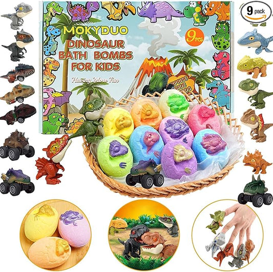 Dinosaur Bath Bomb Set for Kids – 9 Handmade Fizzing Bombs with Surprise Toys + 3 Bonus Toys, Gift Set for Birthday Party, Christmas, Children's Day, Unique Gift Ideas for Boys & Girls
