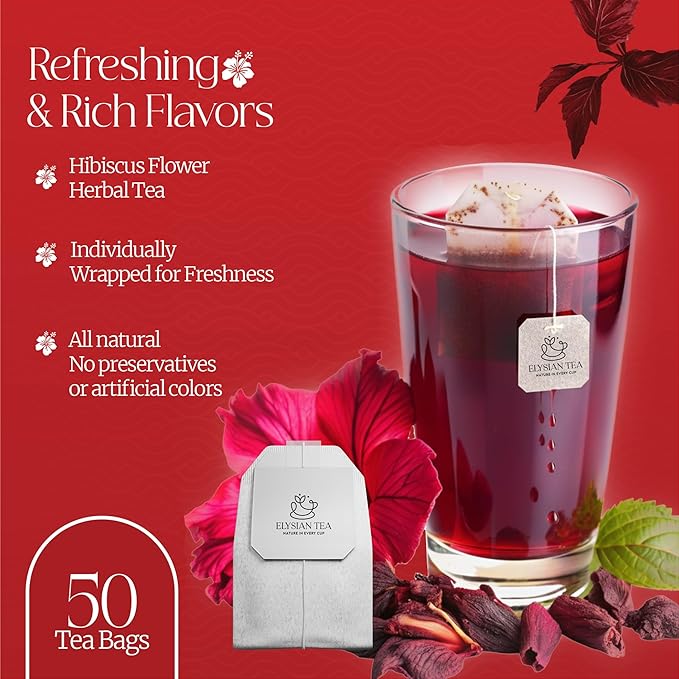 50 PACK Hibiscus Tea Bags – Individual Wrapped Tea Bags – All Natural Herbal Tea | Caffeine Free | No Preservatives, No Sugar – Great For All Seasons