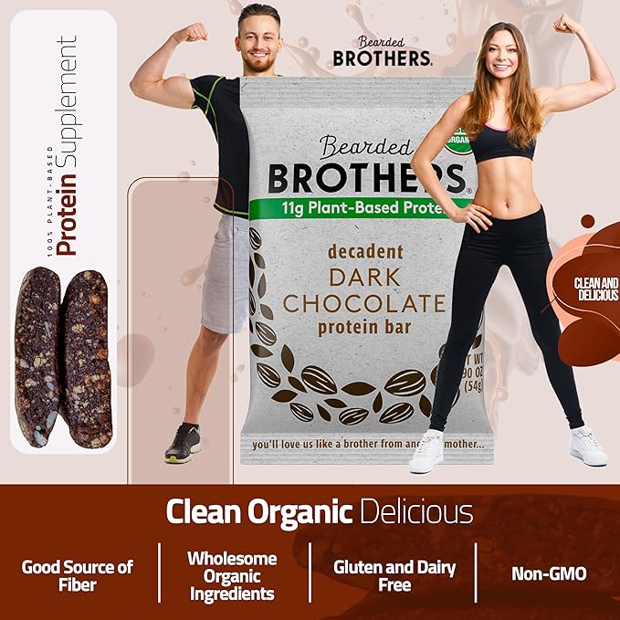 Bearded Brothers Organic Protein Bars, Dark Chocolate (10 Pack) - 11g of Plant Based Protein Gluten Free Vegan, Non-GMO Healthy Snacks for Adults Good Source of Fiber