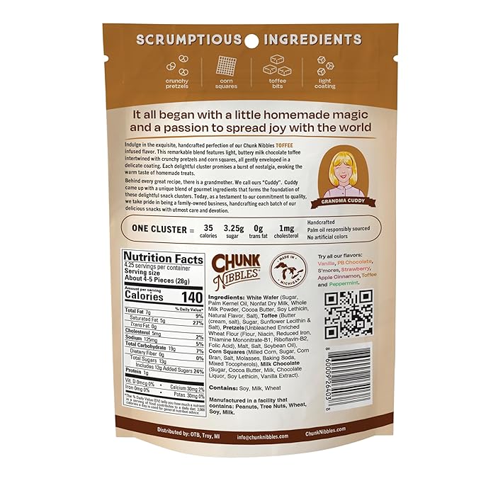 Chunk Nibbles Toffee Snack Clusters - Buttery Milk Chocolate Toffee with Pretzels & Corn Squares - Award-Winning Gourmet Treat, Small Batch, Handcrafted - 4.25oz Resealable Pouch (3 Pack)