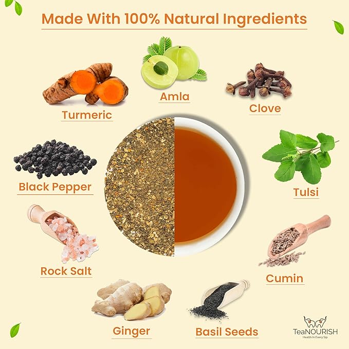 TeaNOURISH Desi Kadha | Immunity Booster Herbal Tea | Indian Superfoods Turmeric, Amla, Tulsi, Ginger & Rock Salt | Relaxing & Warming | 100% NATURAL - 3.53oz/100g