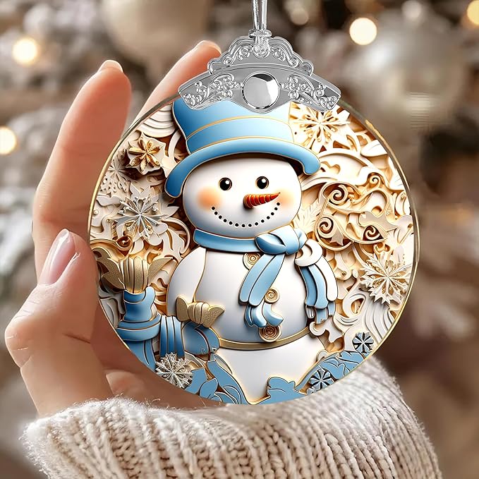 2025 Christmas Ornament, Stained Glass Effections, Christmas Tree 4 Inch Acrylic Ornament Art, White Elephant Gifts for Adults, Christmas Decorations (Blue hat Snowman)