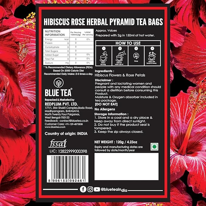 BLUE TEA - Hibiscus Tea - 60 Count - Rose - Pyramid Plant Based Tea Bag | HERBAL TEA | Skin Glow Enhancing Tea | Caffeine Free - Flower Based - Tangy Flavor - Vegan - Gluten Free - Non-GMO | Zipper Pack