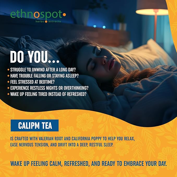 CaliPM Teabags - Natural Sleep Tea with California Poppy & Valerian Root, Herbal Tea for Relaxation & Discomfort Relief, Unsweetened & Vegan, Melatonin-Free, 100% Natural Ingredients - 2 Gram Teabags - 32 Teabags