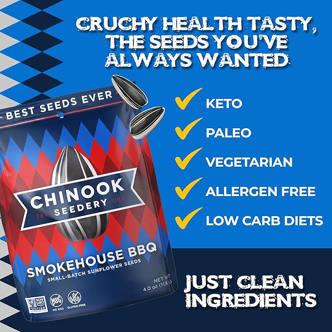 Chinook Seedery Roasted Sunflower Seeds - Jumbo Seeds Keto Snacks - Best For Snack Packs - Gluten Free, Non GMO Snack Food Gifts - 4 Ounce (Pack of 3) - Smokehouse BBQ Flavor Pack