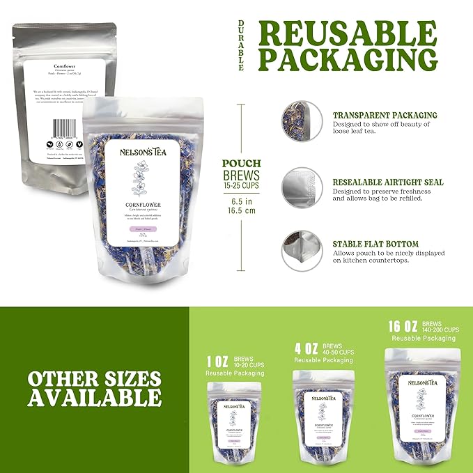 Nelson's Tea Cornflower Petals - Dried Blue Cornflower (Centaurea Cyanus) for Tea Blends, Latte, Smoothie, & Bath Salts (2 oz.)