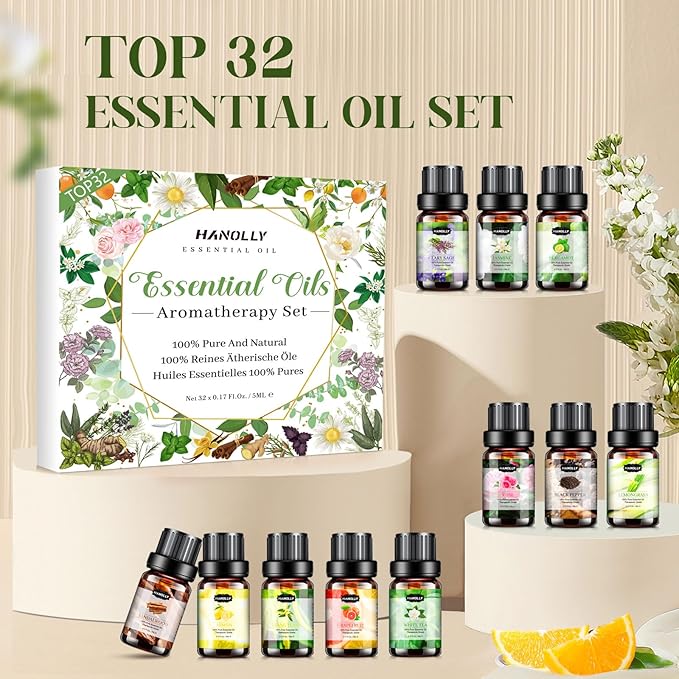 Essential Oils Set, Aromatherapy Essential Oil Kit for Diffuser, Humidifier, Massage, Skin Care (32 x 5ml) - Eucalyptus, Lavender, Tea Tree, Peppermint, Lemongrass, Frankincense, Cinnamon, Sandalwood