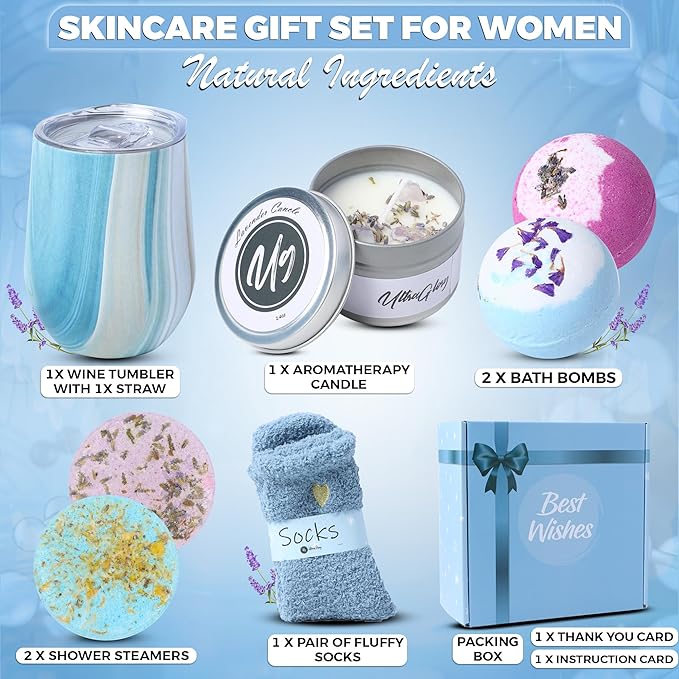 Birthday Gifts for Women – Relaxing Spa Care Package with Wine Tumbler, Bath Bombs, Candle & Socks – Self Care Gift Box for Her
