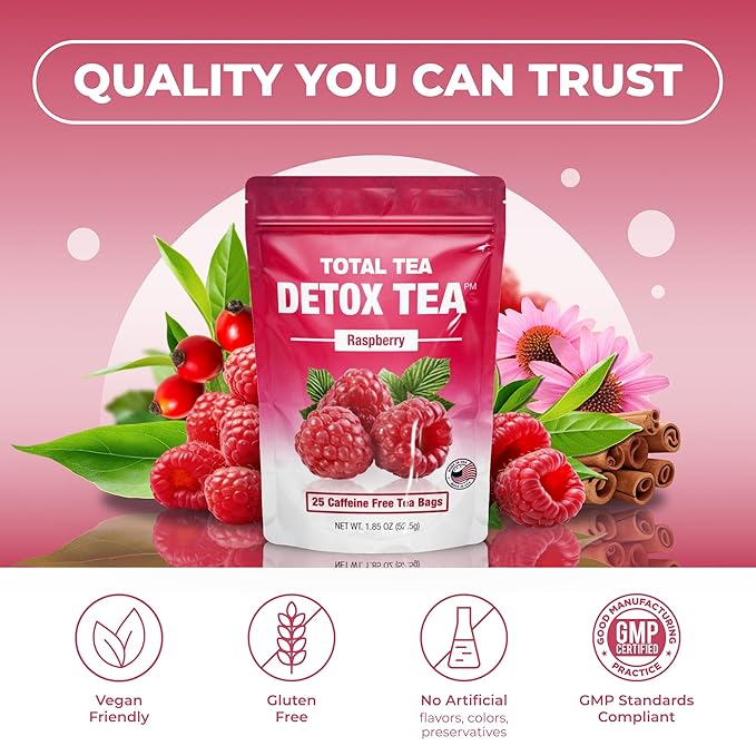 Total Tea SIimming Detox Tea Caffeine Free - 25 Day Detox - Herbal Tea with Chamomile, Hibiscus Tea & Ginger Root for Colon Cleanse – Natural Raspberry Herbal Tea