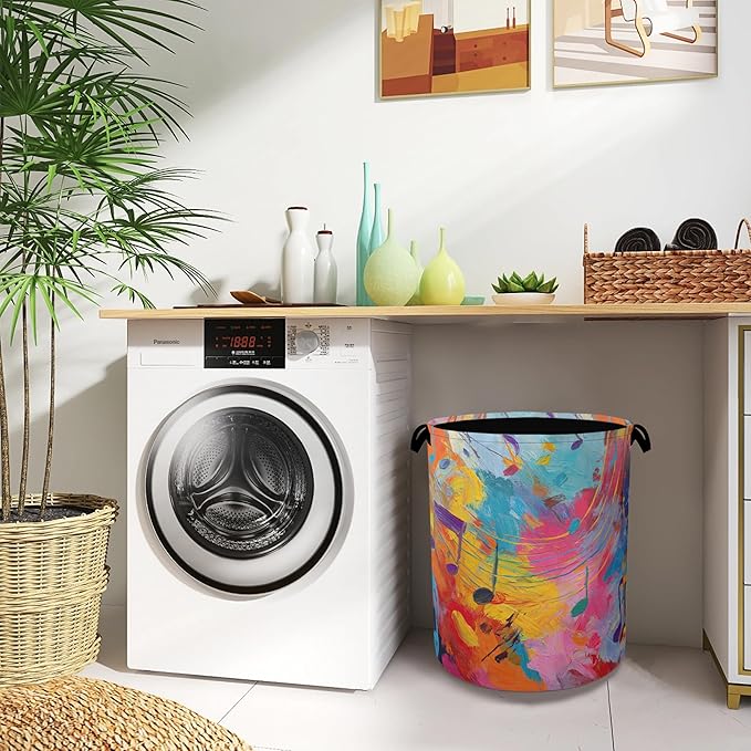 Colorful Music Symbols Laundry Basket,Foldable with Handles Tote Bag Oxford Cloth for Bathroom Bedroom Dirty Clothes Storage Bucket 16" x 20.8"