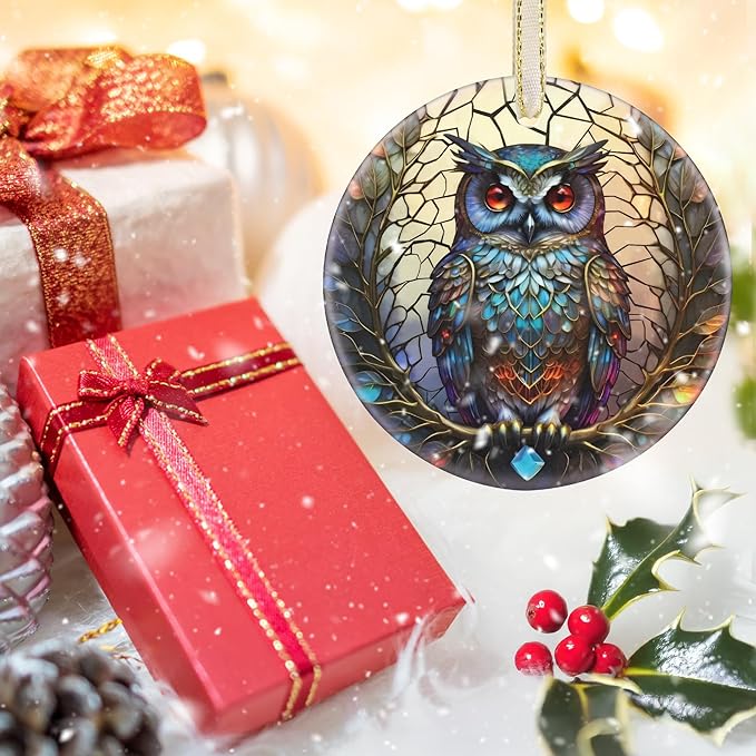Christmas Ornament - Owl Decor Round Ceramic - Owl Hanging Ornament - Christmas Tree Decor - Owl Ornaments for Christmas Tree - Gifts for Owl Lovers - Owl Themed Gifts