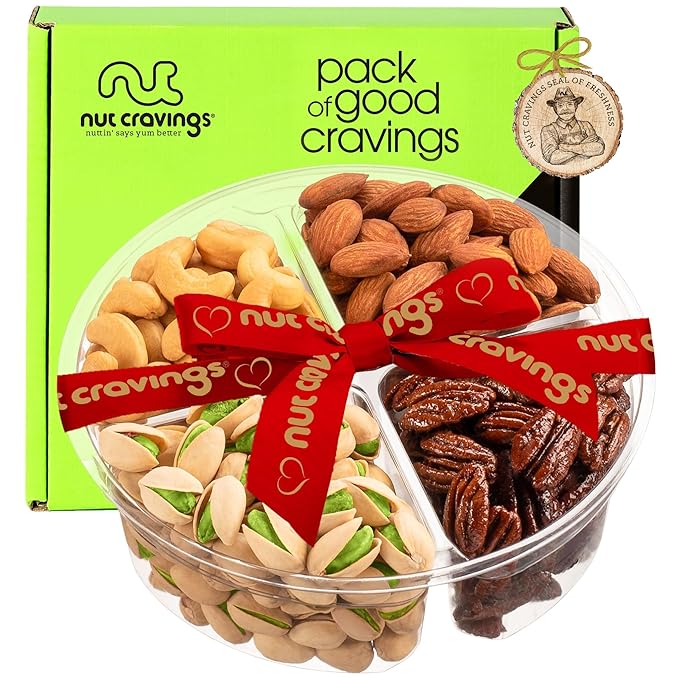 NUT CRAVINGS - Diwali Sweets Hamper Mixed Nuts Gift Basket + Heart Ribbon (4 Assortments) Food Arrangement, Healthy Snack Care Package, Food Assortments