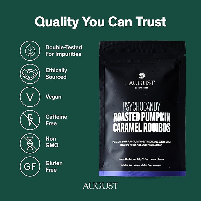 August Uncommon Psychocandy Loose Leaf Tea – Roasted Pumpkin Caramel South African Rooibos Tea – Vegan, Gluten-Free & Non-GMO – Creamy Caramel Flavor for Bedtime – Resealable 1.75oz Pouch (15-30 Cups)