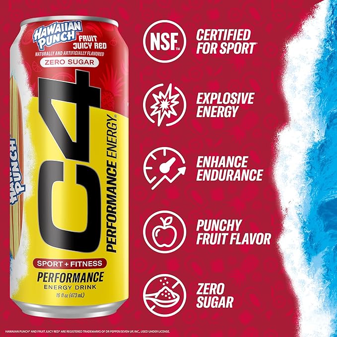 C4 Energy Drink, Hawaiian Punch Fruit Juicy Red, Carbonated Sugar Free Pre Workout Performance Drink with no Artificial Colors or Dyes, 16oz Pack of 12
