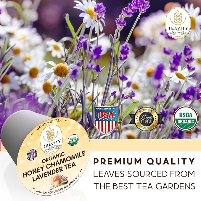 Organic Chamomile and Lavender Tea Pods for Keurig - Decaf Herbal Tea for Keurig K Cups - Honey Chamomile Lavender by Teavity (36 Tea Pods)