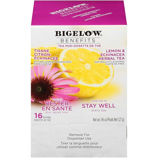 Bigelow Benefits Stay Well Lemon and Echinacea Herbal Tea Pods, 16-Count Box (Pack of 1) Caffeine-Free Individual Herbal Tisane Bags, for Hot Tea or Iced Tea