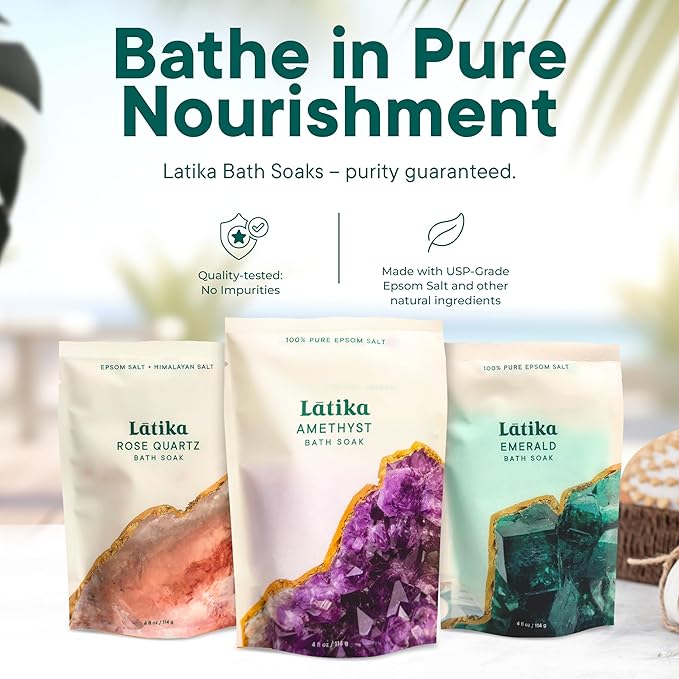 Latika Geode-Inspired Bath Soak Set of 3 - Amethyst, Rose Quartz & Emerald with Essential Oils & Epsom Salt - Sandalwood, Lavender, Sage & Eucalyptus for Stress Relief, Muscle Recovery & Skin Care