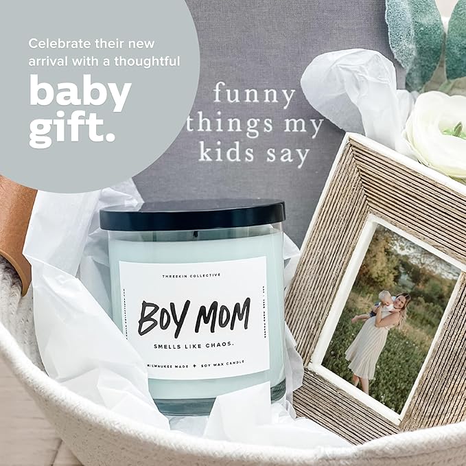 ThreeKin Scented Candles for Boy Mom, Natural Soy Wax Candles for Home, Relaxing Aromatherapy for Moms, Driftwood Essential Oils with a Hint of Chaos, Long Lasting Candle Burns for 75 Hours