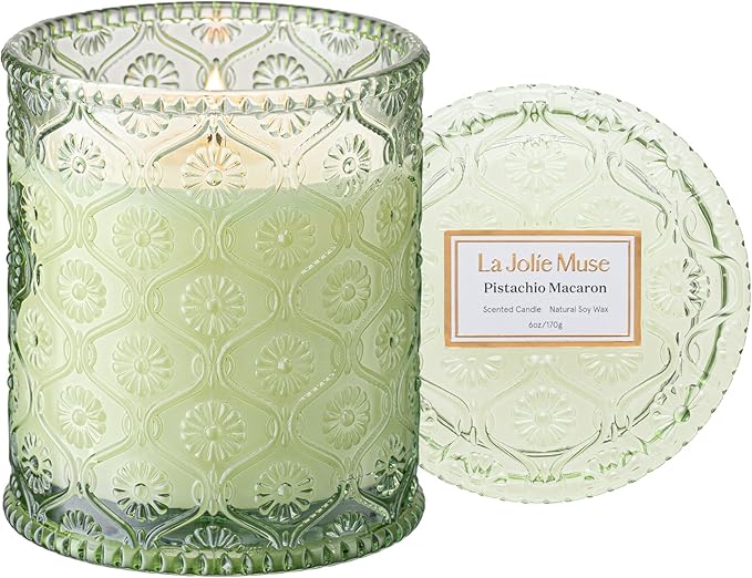 LA JOLIE MUSE Pistachio Macaron Scented Candle –Pistachio, Milk & Vanilla | 6 oz Fall Candle | Natural Soy Wax | 40 Hours Clean Burn | Gift for Dessert Lovers | Seasonal Home Décor