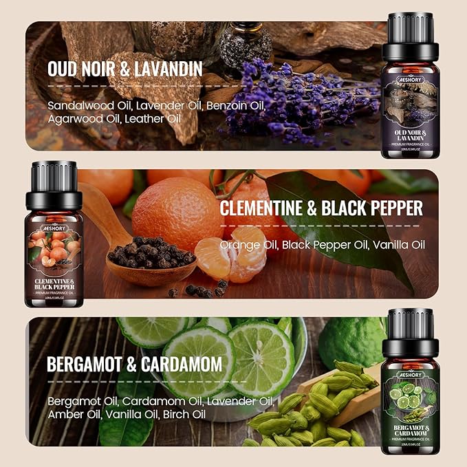 Men Essential Oils Set, Fragrance Oil for Diffuser, Leather, Tobacco, Cedar, Bourbon Whisky, Bergamot, Candle Scents for Candle Making, Soap Making Supplies, Man Aromatherapy Diffuser Oils Kit(6x10ML)
