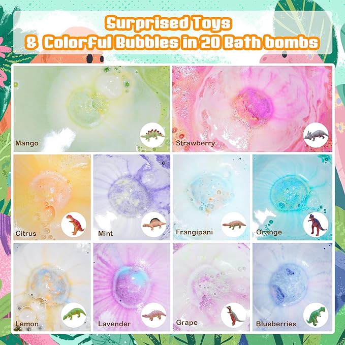 Bath Bombs for Kids with Surprise Toys Inside - 20 Dinosaur Bath Bombs Easter Eggs Gifts, Bubble Bath Fizzers, Kids Bubble Bath with 24pcs Dinosaur Puzzles and 2pcs Car, Boys Easter Basket Stuffers