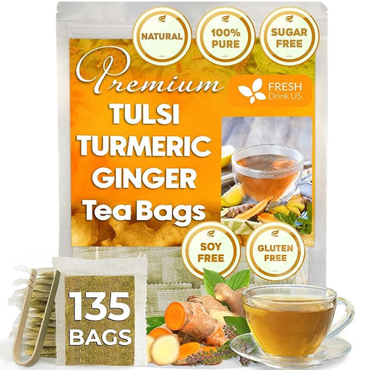 FreshDrinkUS, Premium 135 Tulsi Turmeric Ginger Tea Bags, 100% Natural & Pure from Tulsi Holy Basil Leaves, Turmeric and Ginger. Made with Natural Material Tea Bags. No Sugar, No Caffeine, Vegan.