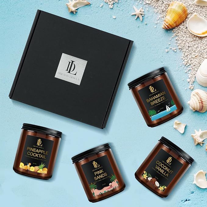 4 Pack Scented Candles Set, Natural Soy Candles for Home Scented, Gifts for Men Women Aromatherapy Candle Sets, Scents of Pink Sands/Coconut Vanilla/Bahamian Breeze/Pineapple Cocktail