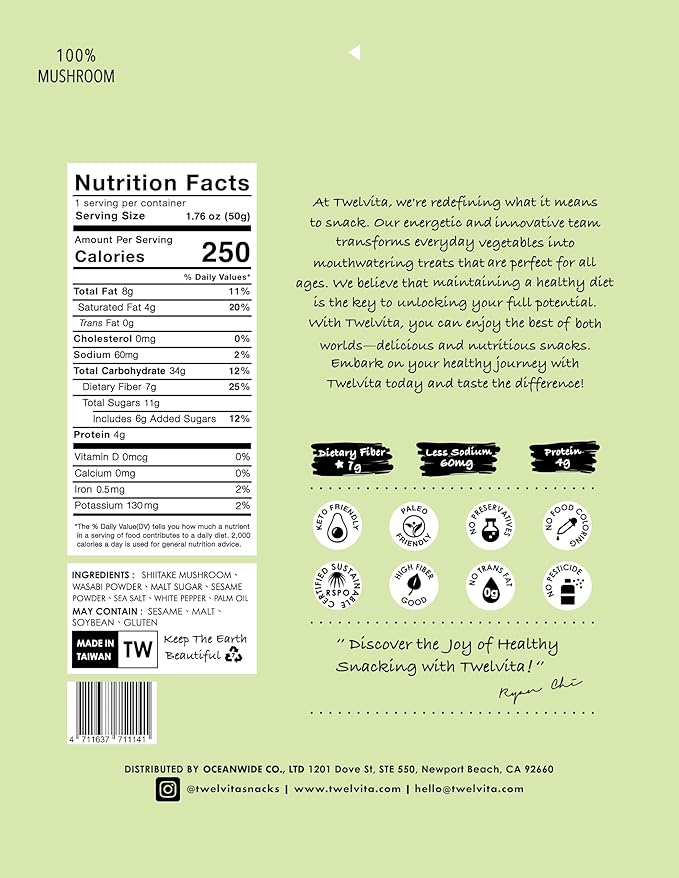 TwelVita Natural Baked Wasabi Shiitake Mushroom Crisps, Vegan Snacks, Clean Label, Non-GMO, Gluten-Free, 1.76 oz ea, Pack of 4