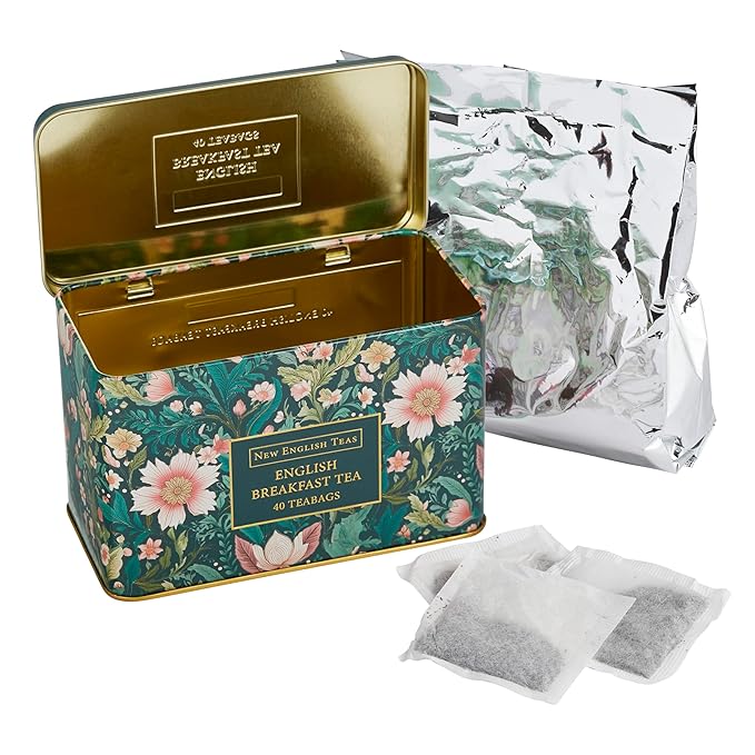 New English Teas Victorian Garden Tea Tin with 40 English Breakfast Teabags, Inspired by Embroidery & Textile Styles