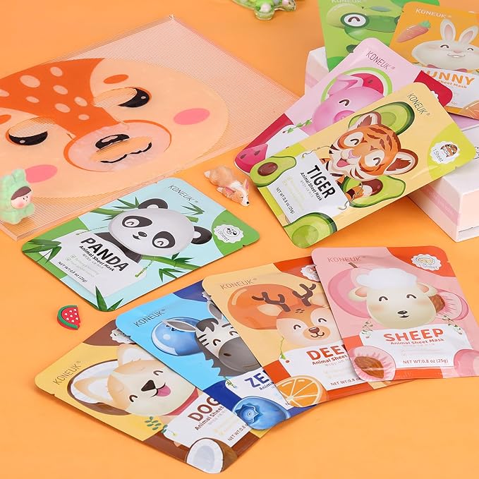 18 Pack Animal Face Mask for Kids, Bulk Sheet Face Masks Skincare for Girls, Collagen Hydrating Face Mask Spa Party Gifts for Teens, Christmas Gifts, Stocking Stuffers for Women