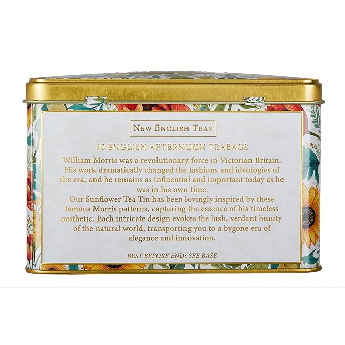 New English Teas Victorian Sunflower Tea Tin with 40 English Afternoon Teabags, Inspired by Embroidery & Textile Styles