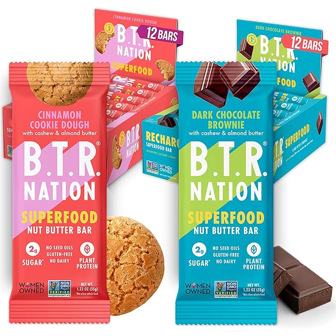 B.T.R. Nation Superfood Keto Protein Bars, Plant Based Vegan - Cinnamon Cookie Dough & Dark Chocolate Brownie | 12 Pack of Each | Low Carb, GF & Calorie, No Sugar Alcohols, Boosted with Superfoods